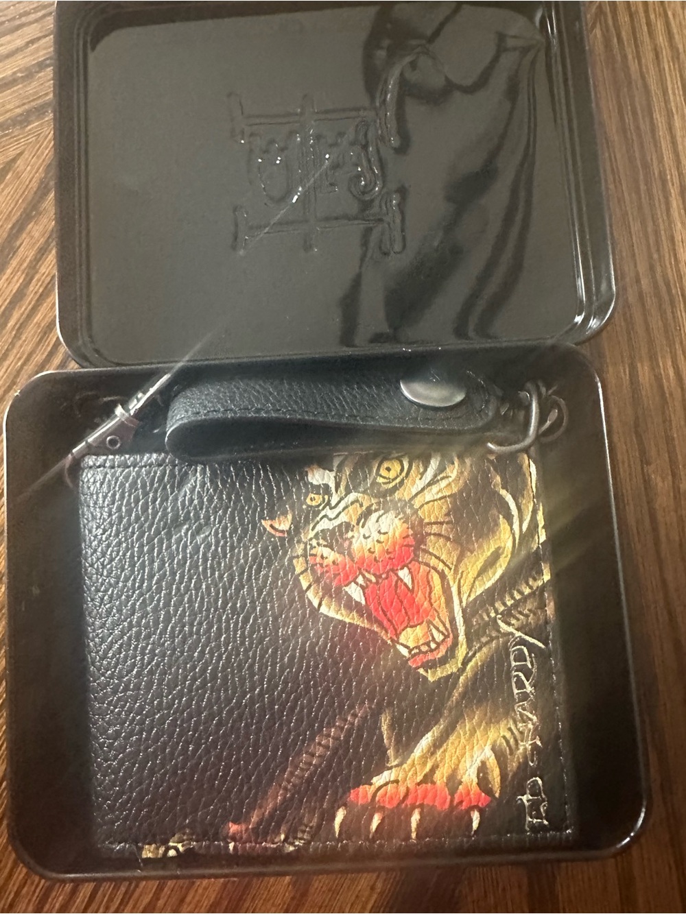 Ed Hardy Black Leather Wallet with Tiger Art & Wrist Strap